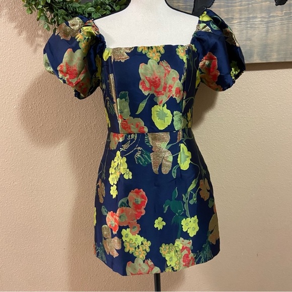 NWOT Lulus So Stunning Navy Blue Floral Jacquard Puff Sleeve Mini Dress - Picture 7 of 11